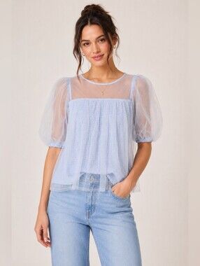 By Anthropologie Layered Tulle Puff Sleeve Lace Blouse Blue Size Small